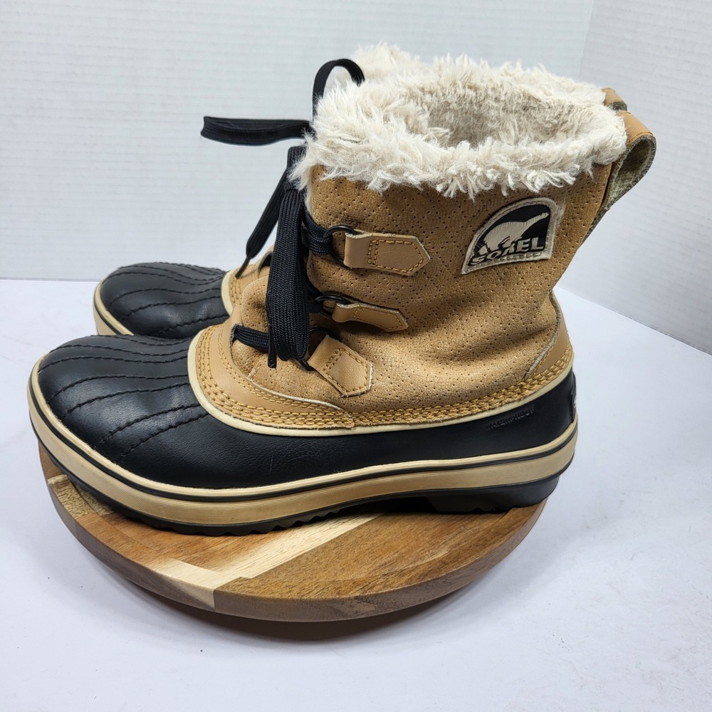 Sorel Women Tivoli Waterproof Insulated Snow Boots Black Tan Size 8.5